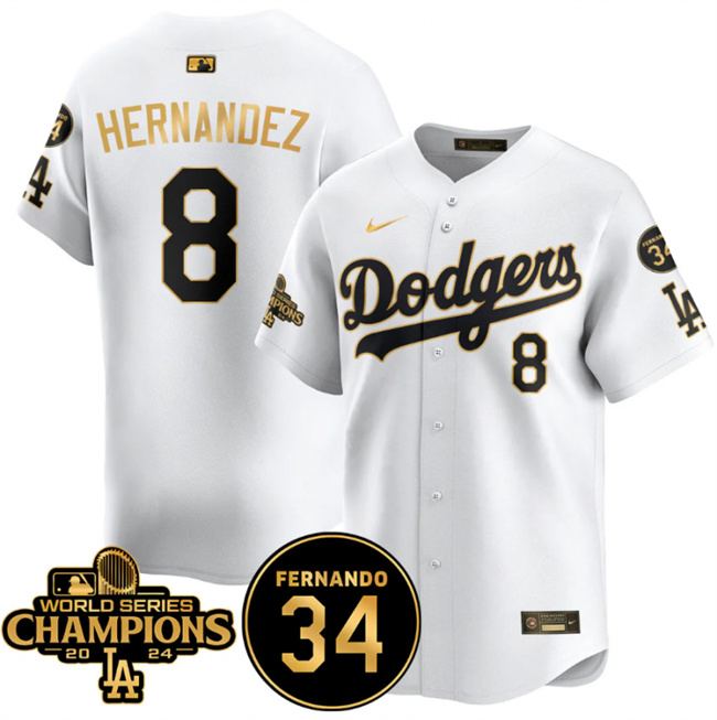Men's Los Angeles Dodgers #8 Enrique Hernández White/Gold 2024 World Series Champions & Fernando Memorial Patch Vapor Premier Limited Stitched Baseball Jersey Men's Los Angeles Dodgers #8 Enrique Hernández White/Gold 2024 World Series Champions & Fernando Memorial Patch Vapor Premier Limited Stitched Baseball Jersey